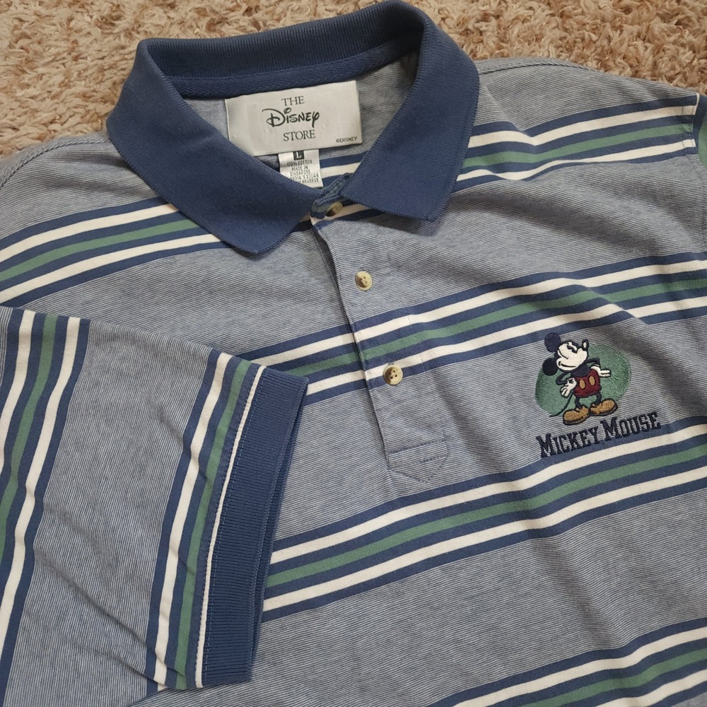 Disney Store Polo Shirt Mens Large Blue‎ Striped Mickey Mouse Embroidered 90s